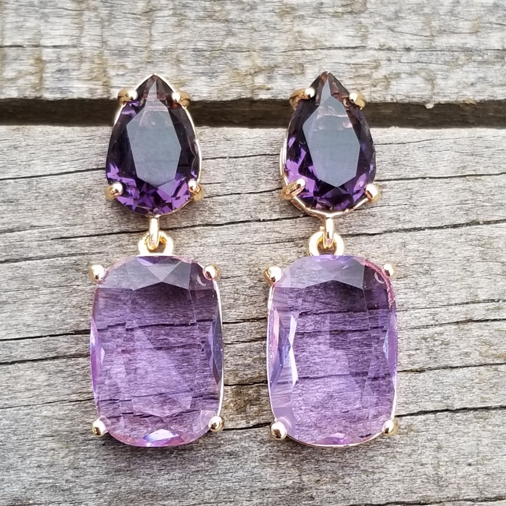 14k Gold Purple Alexandrite & Amethyst Stud Earrings, Alexandrite Dangle